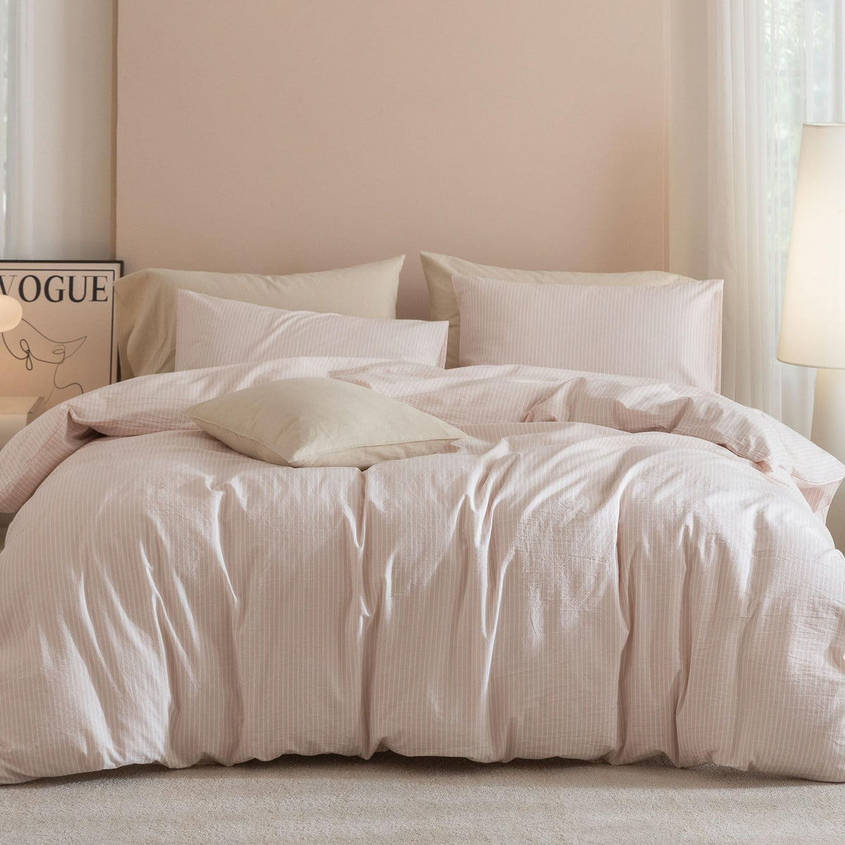 JIYUAN Queen Washed Cotton Duvet Cover Set, 3-Piece, Relaxed Linen Feel