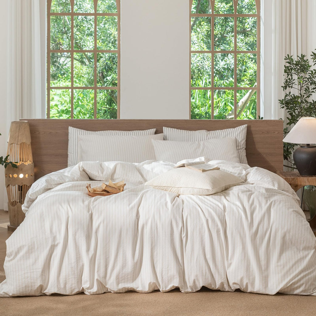 MooMee Striped Duvet Cover Set 100% Washed Cotton Linen Like Queen