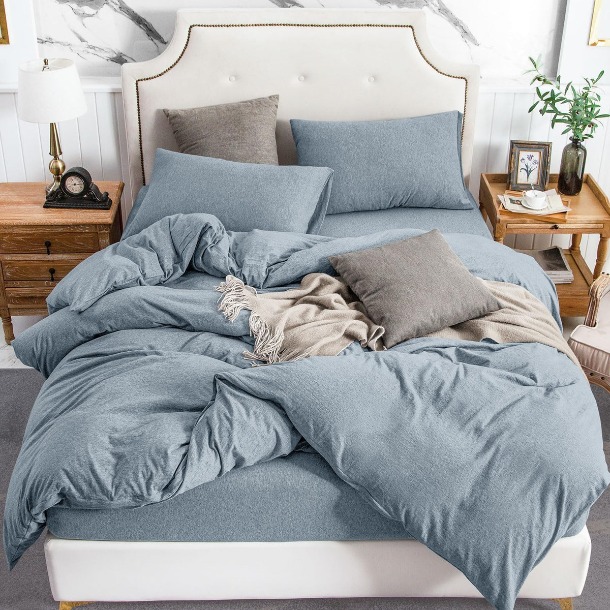 PURE ERA Jersey Knit Duvet Cover Set 100% T-Shirt Cotton Super Soft Comfy 3pc Bedding Set with Zipper Closure (Heather Beige, Queen)