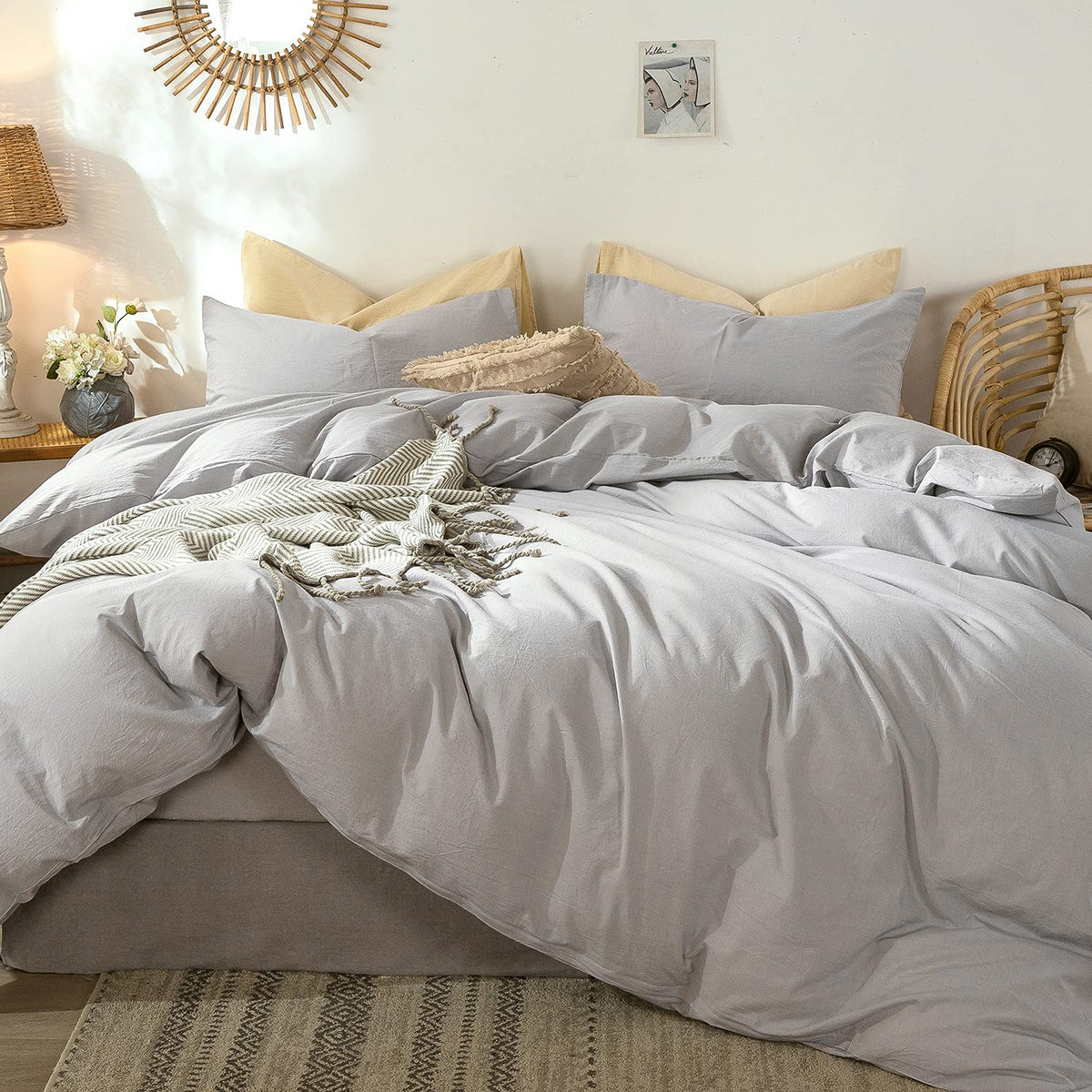 MooMee Duvet Cover Set 100% Washed Cotton Linen Like Queen