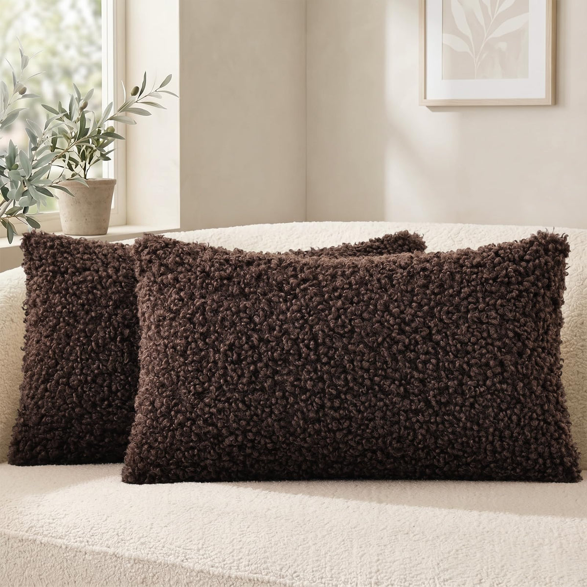 decorUhome Sherpa Throw Pillow Covers 18x18 Set of 2 Neutral Cream