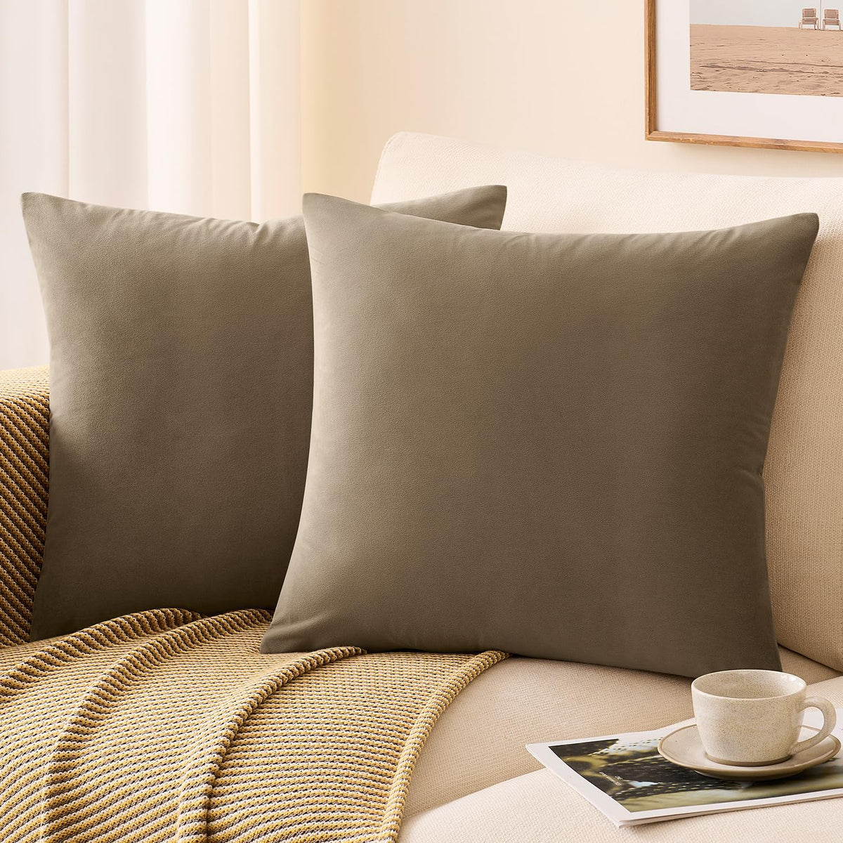 Throw Pillow Covers Mustard Yellow Set of 2 18x18 Inch Fall Pillow Covers, Soft Velvet Farmhouse Neutral Decorative Pillowcases for Couch Sofa Bed, Home Boho Decor, Modern Cushion Covers