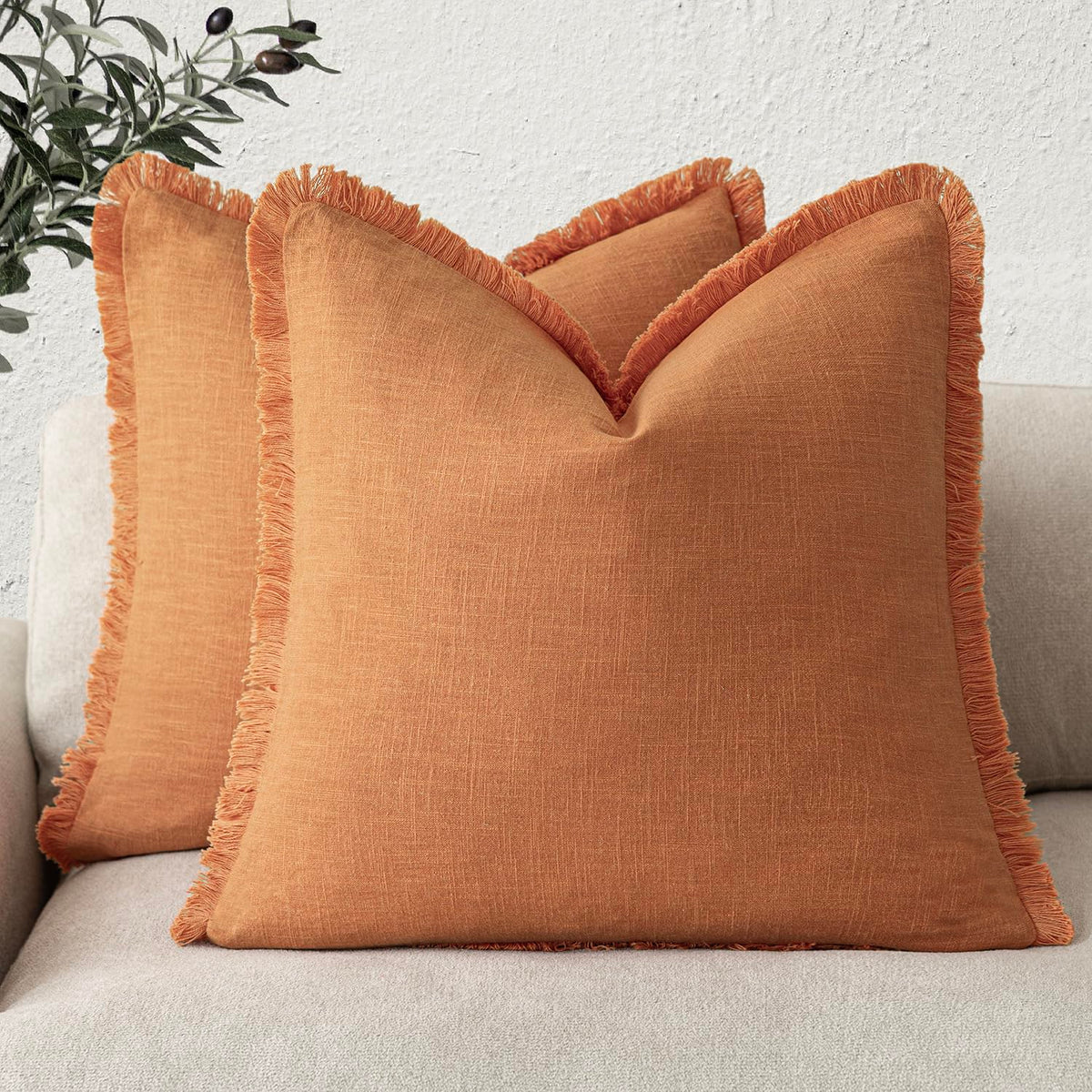 Foindtower Decorative Linen Fringe Throw Pillow Covers 20×20 Olive Green