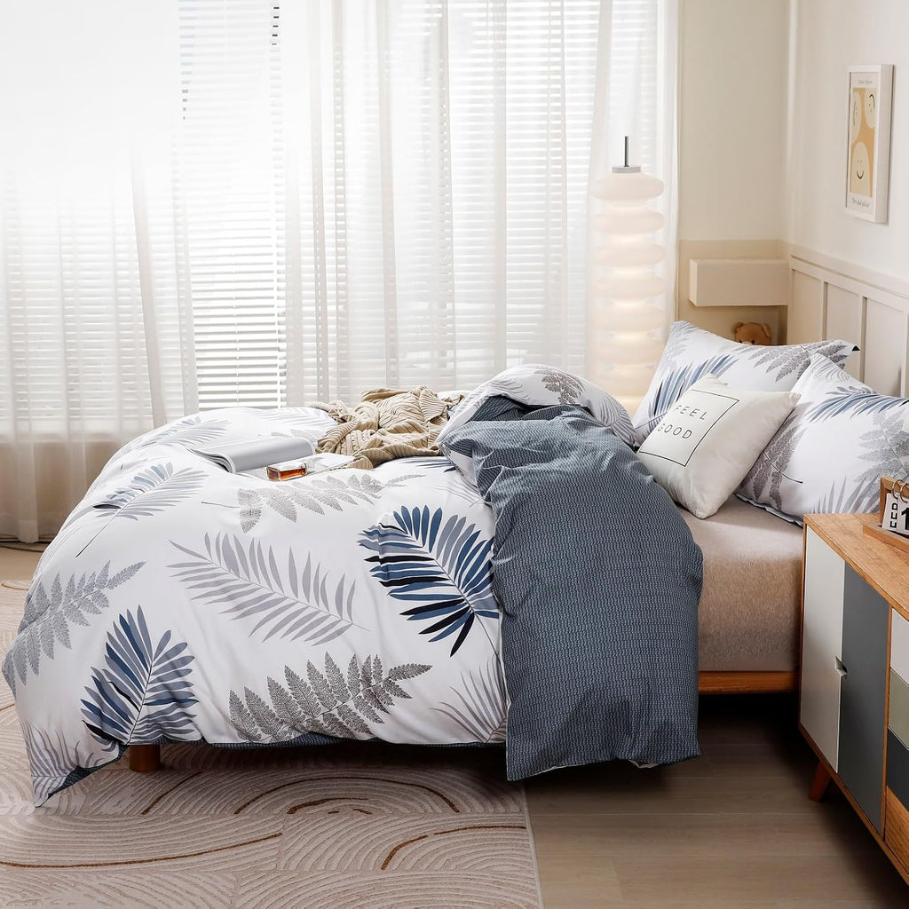 OAITE Queen Duvet Cover Set 3pcs 100% Cotton Blue Leaf