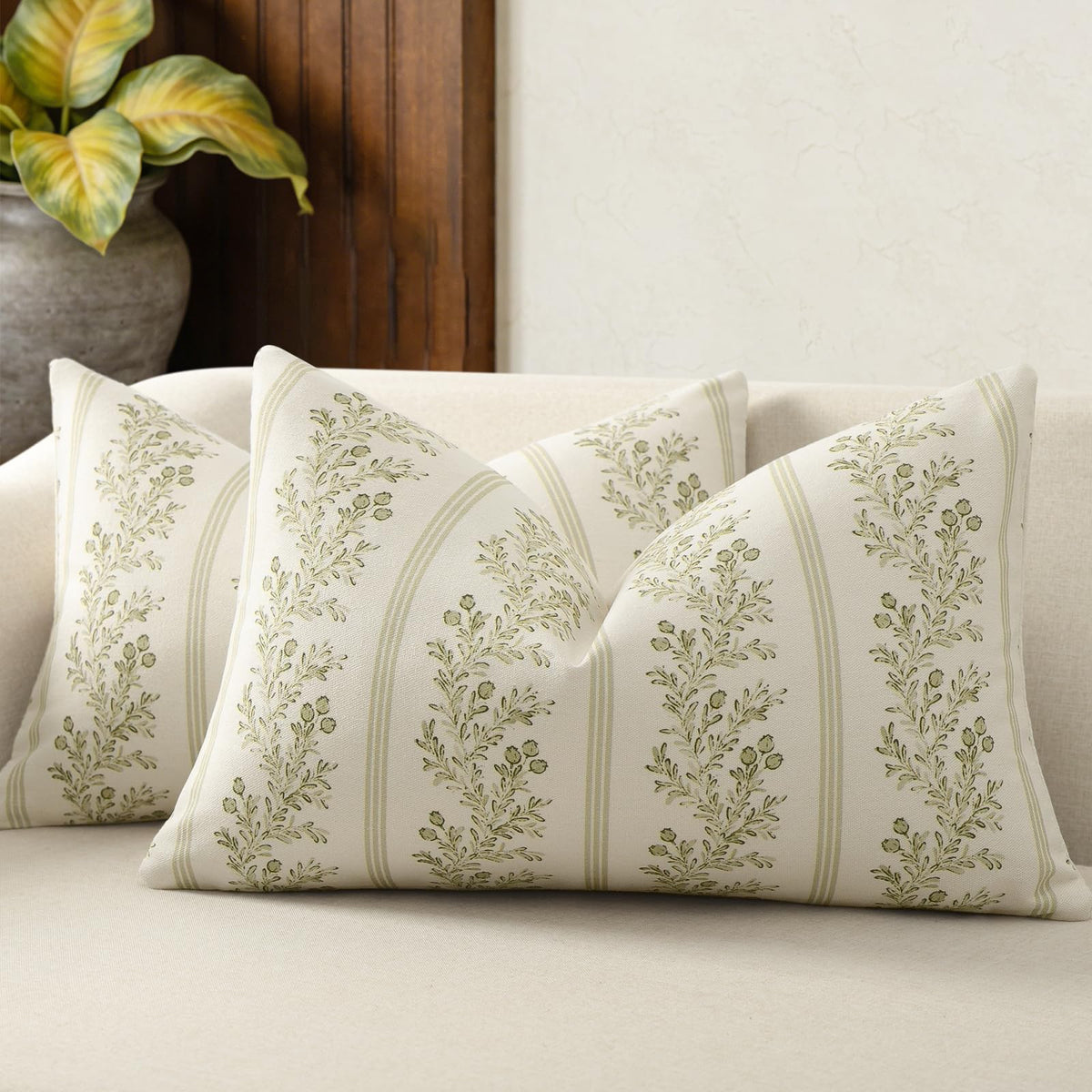 Vintage Throw Pillow Covers 18x18 Set of 2, Striped Floral Pillow Cover Botanical Patterned Decorative Cushion Covers Modern Farmhouse Home Decor for Sofa Couch Bed Living Room, Light Blue