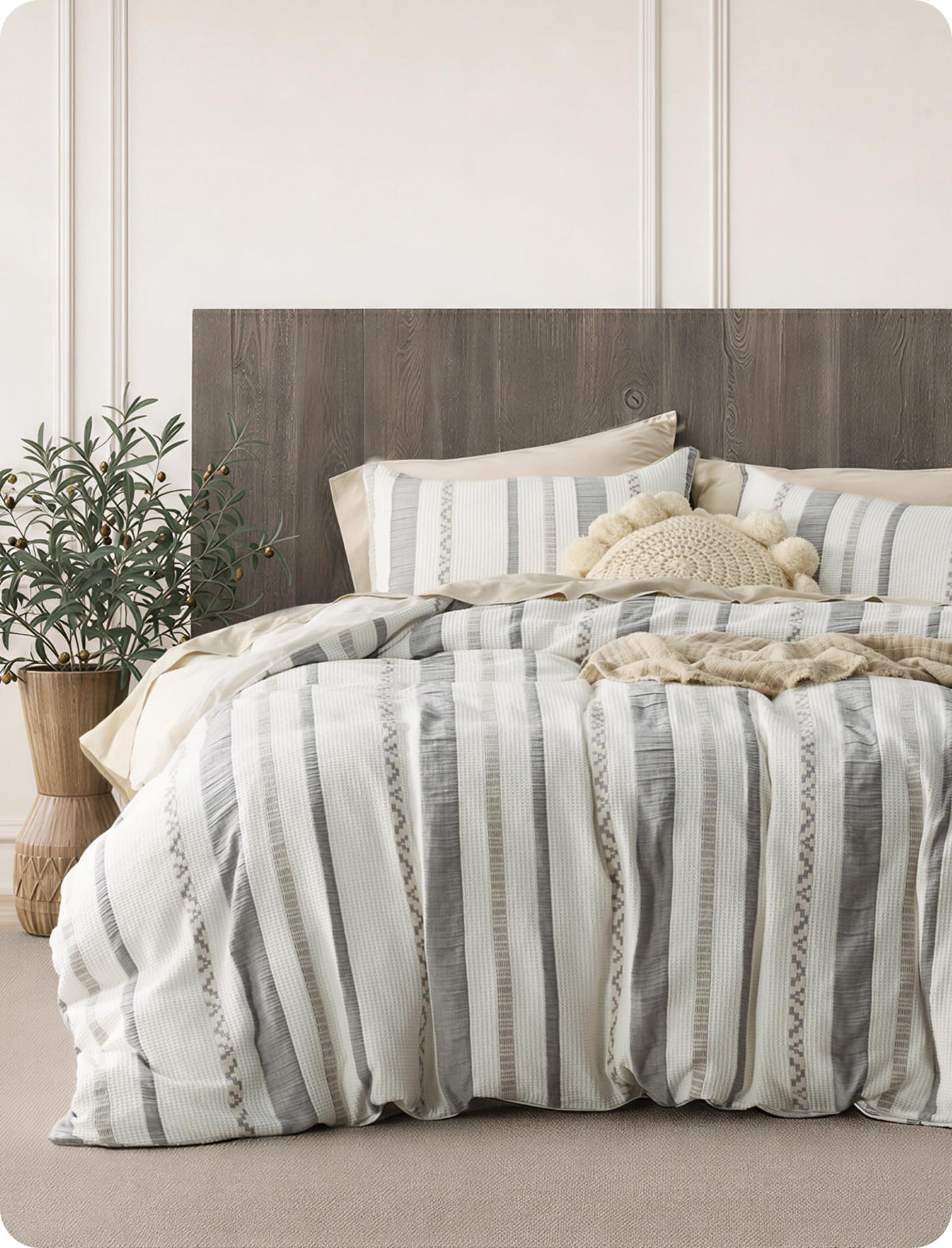 Bedsure PureWoven 3 Pieces 100% Cotton Waffle Duvet Cover Set, King, Linen