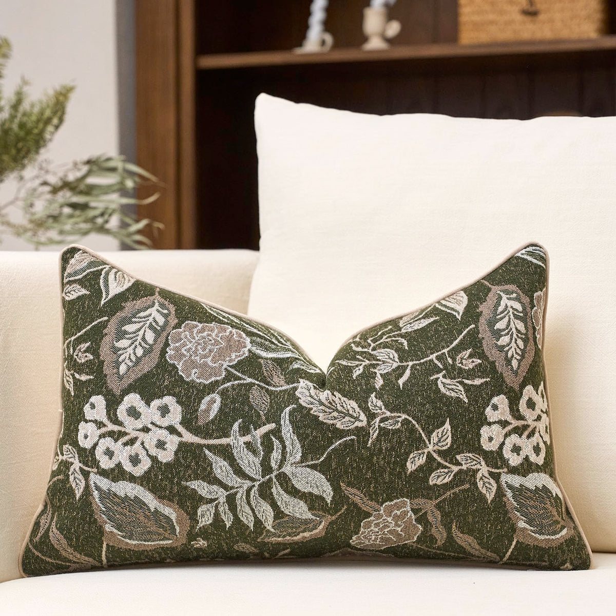 Green Floral Textured Throw Pillow Cover 18x18 Fall Vintage Rust Pillow Cover Farmhouse Summer Leaf Cushion Cover Chenille Neutral Flower Pillowcase Home Decor for Sofa Living Room Bedding