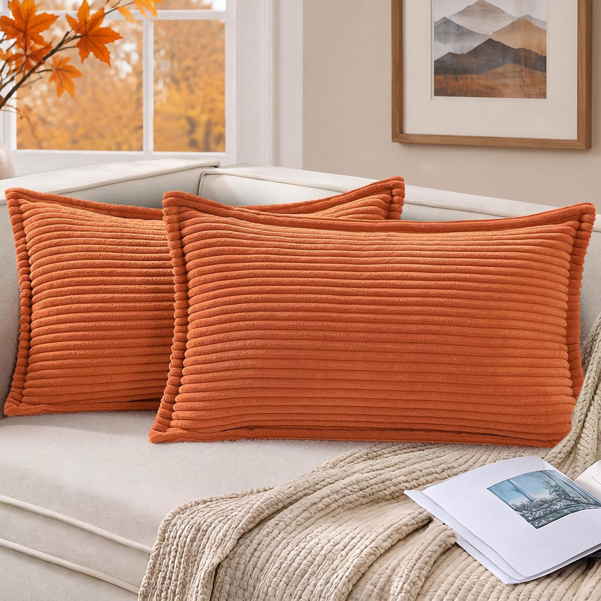 Mecatny Corduroy Fall Throw Pillow Covers 18x18 Set of 2 Olive Green