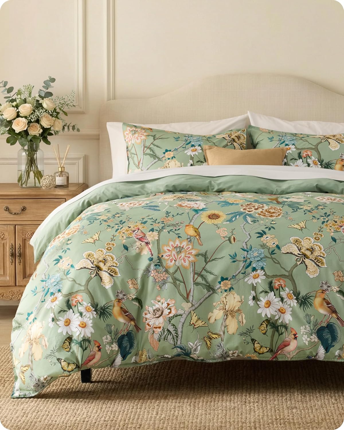 Bedsure PureWoven 100% Cotton Floral Duvet Cover Set, Queen, Green Garden
