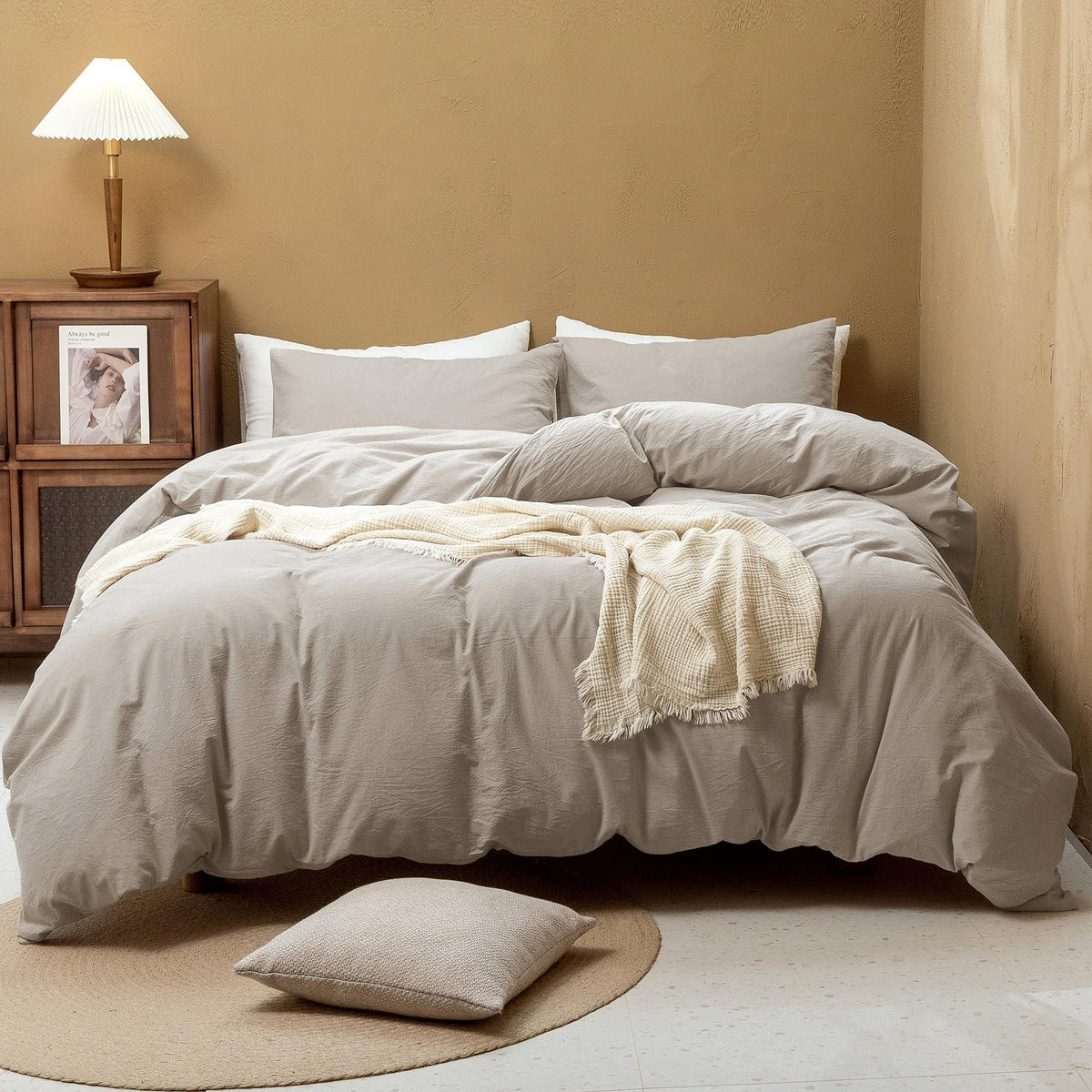FOSSA Duvet Cover Set 100% Washed Cotton Linen Feel Queen