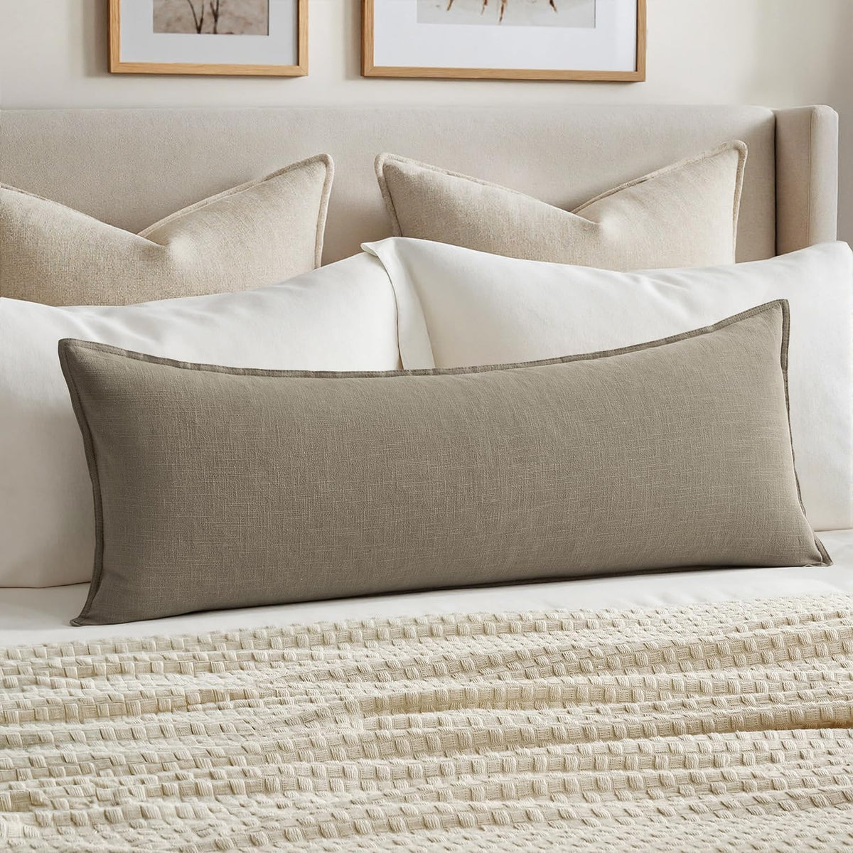 MIULEE Decorative Linen Lumbar Pillow Cover 14x36 Inch Natural Beige