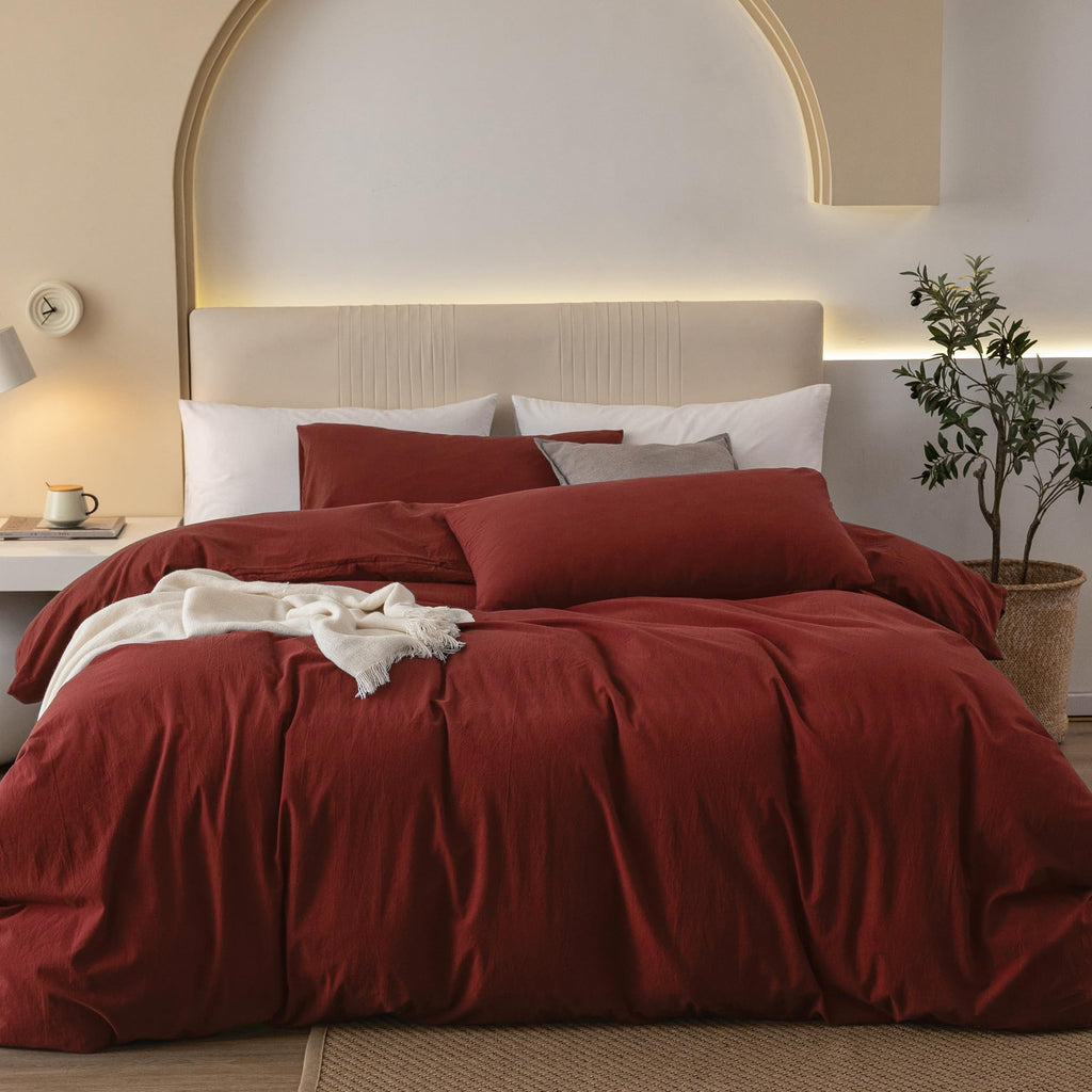 JIYUAN Queen Washed Cotton Duvet Cover Set, 3-Piece, Relaxed Linen Feel