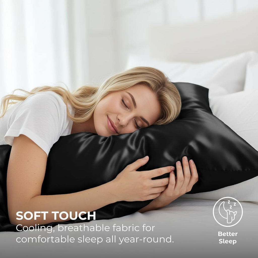 Pure Bedding Satin Pillowcase 2 Pack - Queen Size (20"x30", Black) - Silky Pillow Cases for Hair and Skin - Satin Pillow Covers with Envelope Closure - Extra Soft Premium Microfiber