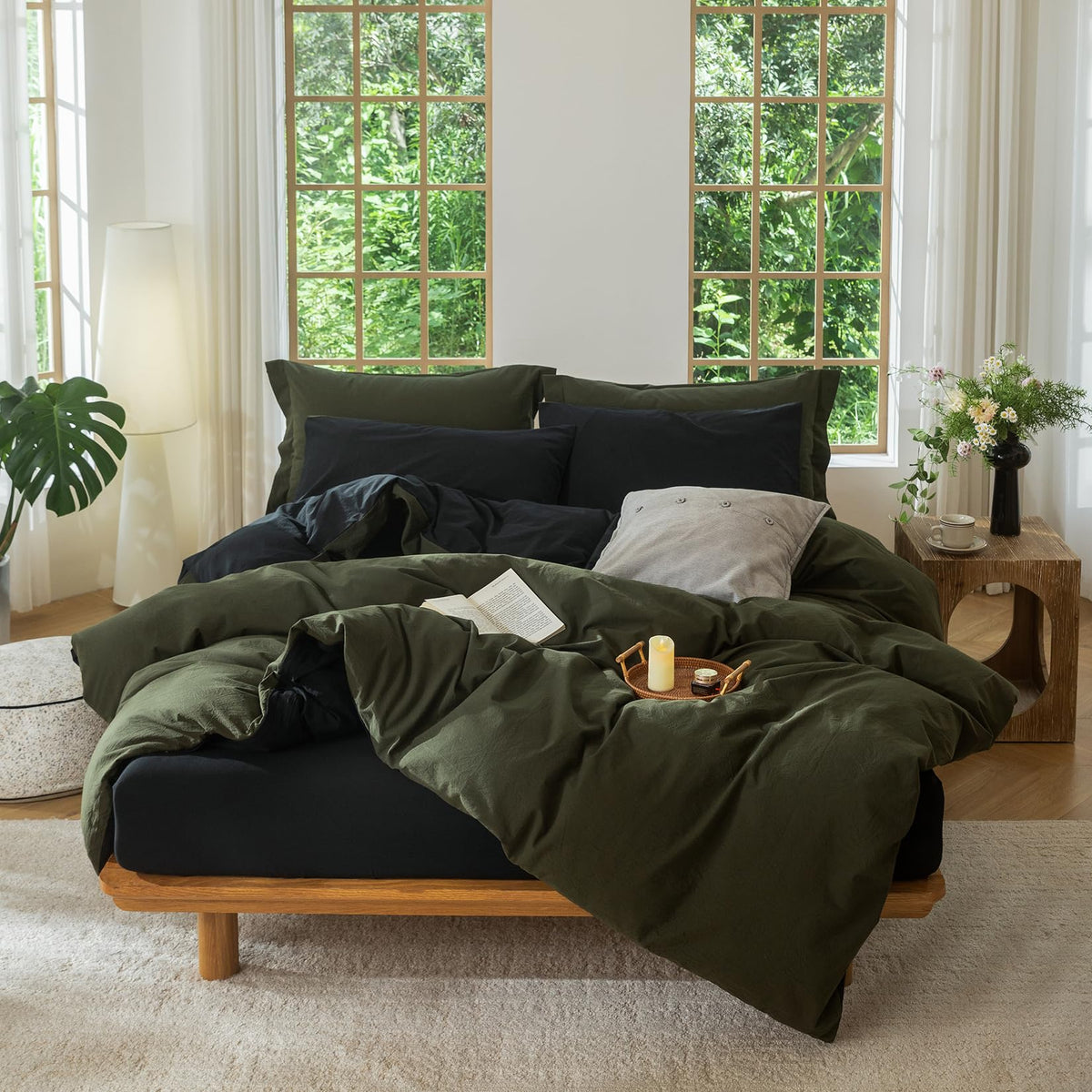 BDEAR 3Pcs Olive Green Duvet Cover Set Queen Size 90" L x 90" W,Oeko TEX