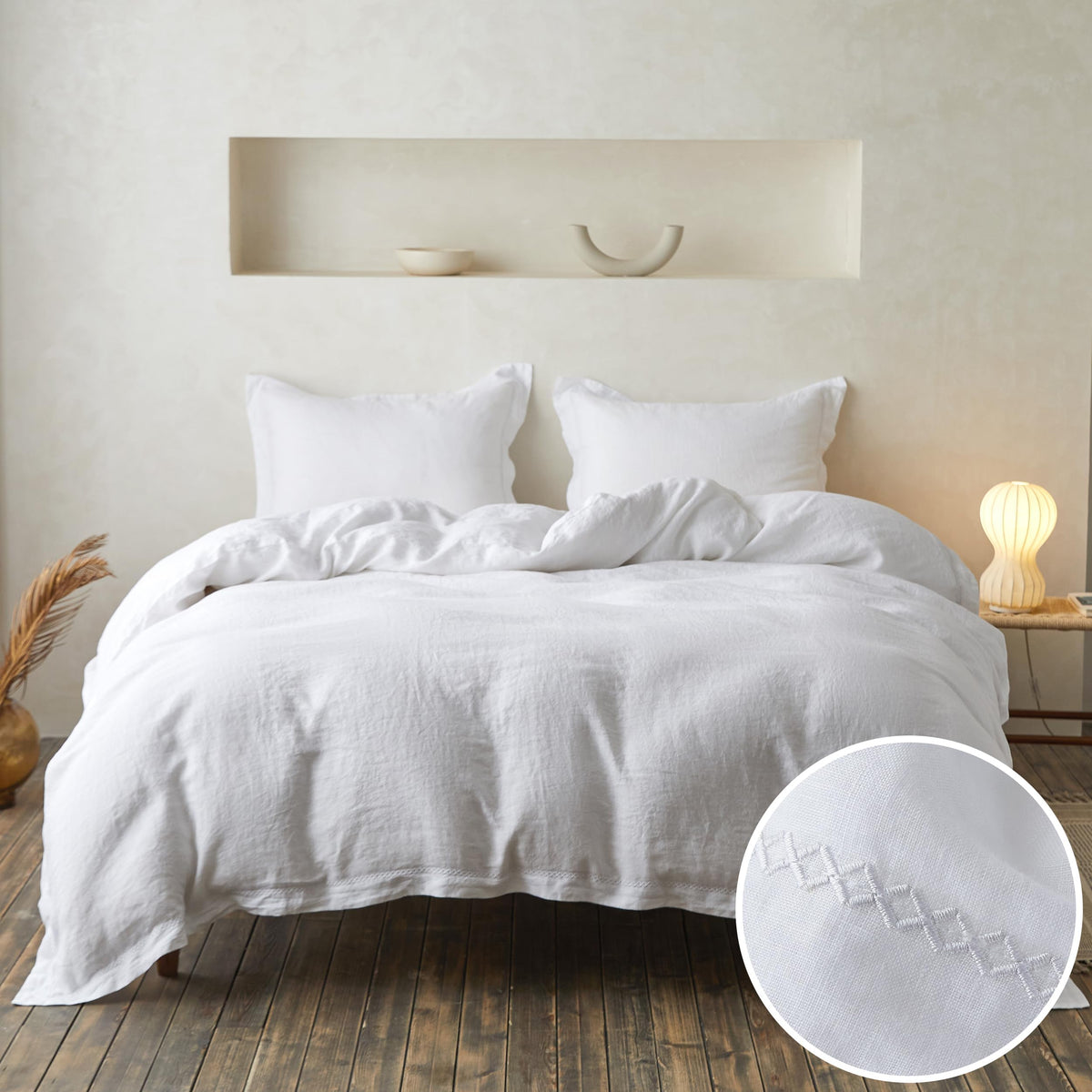 Simple&Opulence 100% French Flax Linen Duvet Cover Set with Embroidery Washed - 3 Pieces (1 Duvet Cover with 2 Pillow Shams) with Button Closure Soft Breathable Farmhouse - Linen, King Size