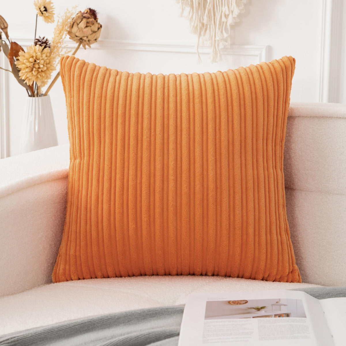 UGASA Velvet 12x20 Inch Lumbar Soft Throw Pillow Cover Boho Farmhouse Decorative Corduroy Striped Both Sides Solid Rectangular Cushion Case for Couch Bedroom Sofa Home, 1 Piece, Beige
