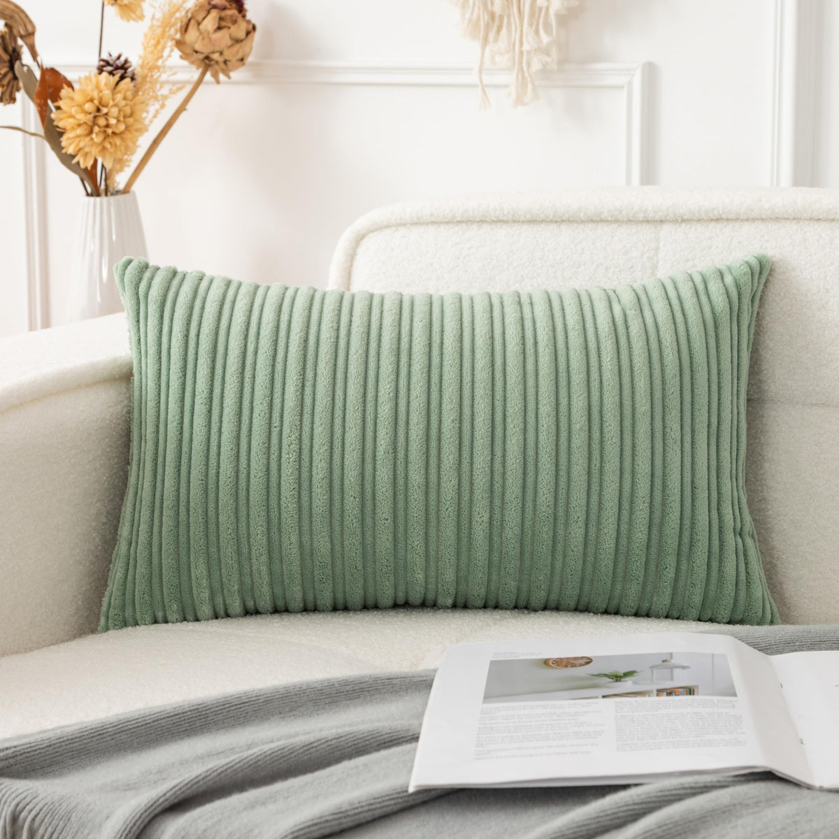 UGASA Velvet 12x20 Inch Lumbar Soft Throw Pillow Cover Boho Farmhouse Decorative Corduroy Striped Both Sides Solid Rectangular Cushion Case for Couch Bedroom Sofa Home, 1 Piece, Beige