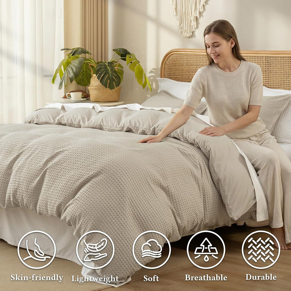 David's Home Soft Textured Waffle Weave Duvet Cover Set, King Size, Natural