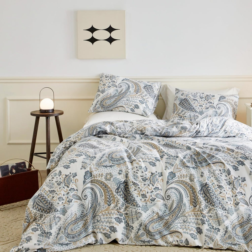 SUSYBAO Blue Paisley Duvet Cover King 100% Cotton Vintage Floral Duvet Cover 3 Pcs Set 1 Boho Brown Flower Duvet Cover with Zipper Ties 2 Pillowcases Luxury Retro Bohemian Bedding Set Soft Comfy