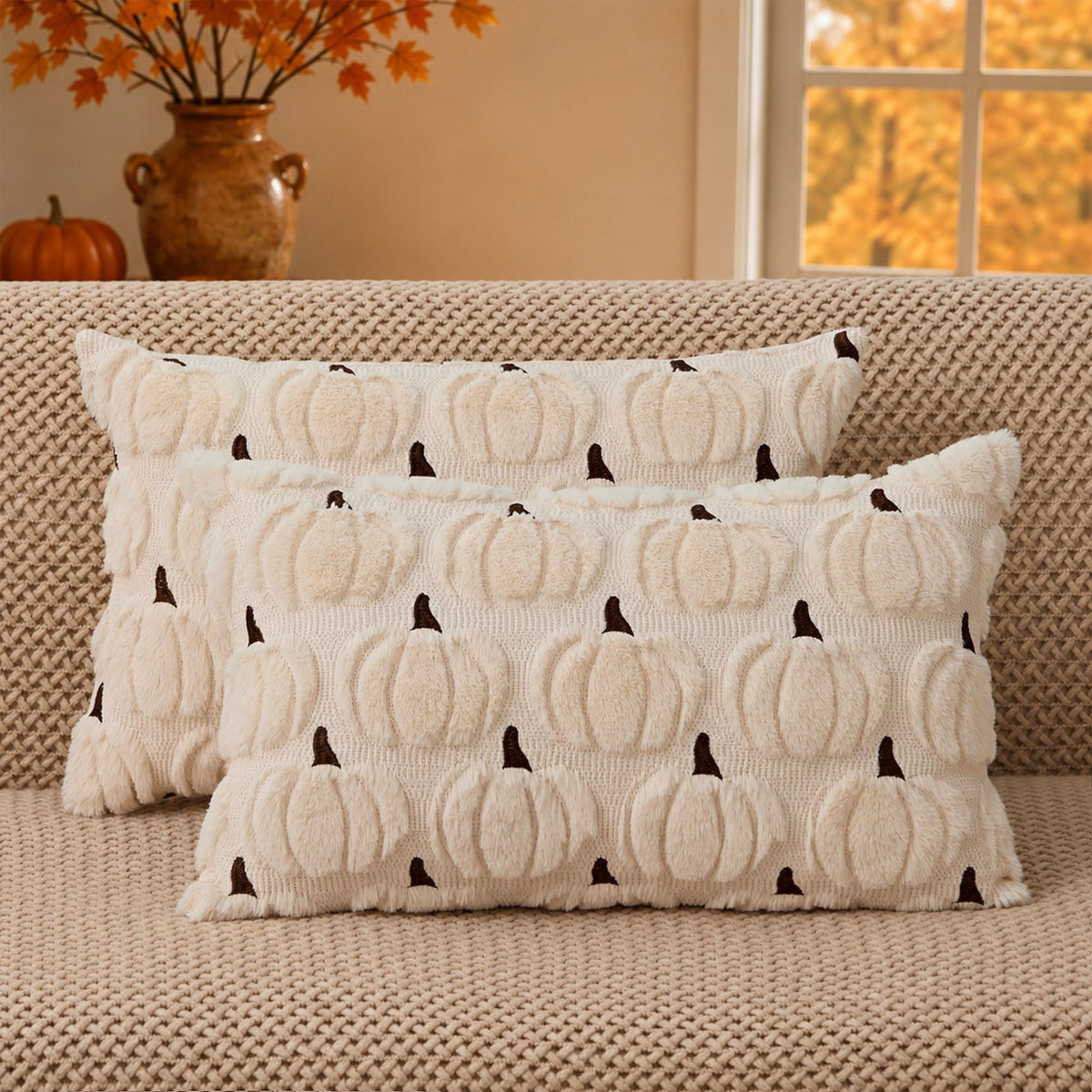 DFXSZ Fall Pillow Covers 18x18 2Pcs Beige Pumpkin Fall Decorations for Home