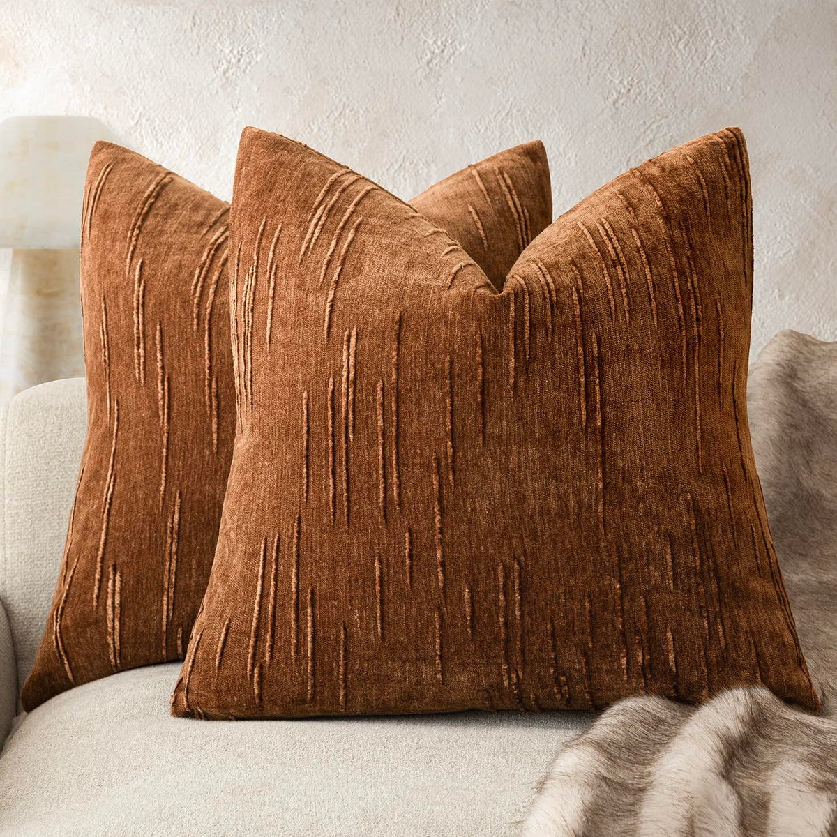 Foindtower Pack of 2 Slubby Textured Chenille Throw Decorative Pillow Covers Square Accent Solid Cushion Cover Soft Farmhouse Pillow Case for Couch Sofa Bedroom Living Room 20x20 Inch,Dark Olive Green