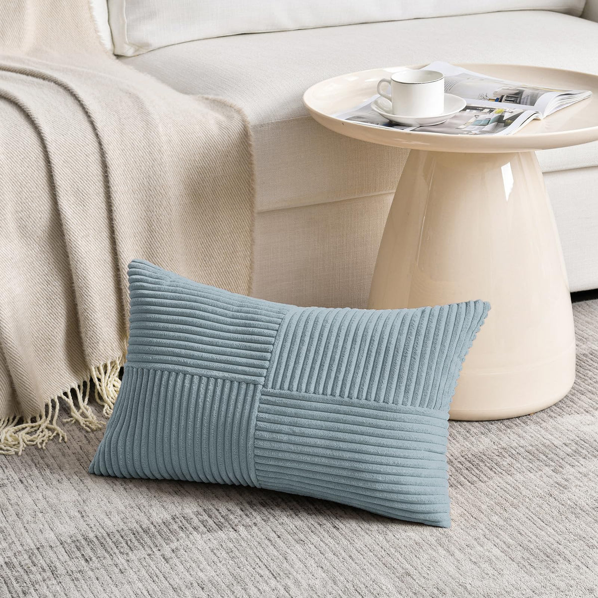 Fancy Homi Blush Pink Lumbar Decorative Throw Pillow Covers 12x20 Inch for Living Room Couch Bed, Rustic Farmhouse Boho Home Decor, Soft Striped Corduroy Rectangle Accent Cushion Case 30x50 cm
