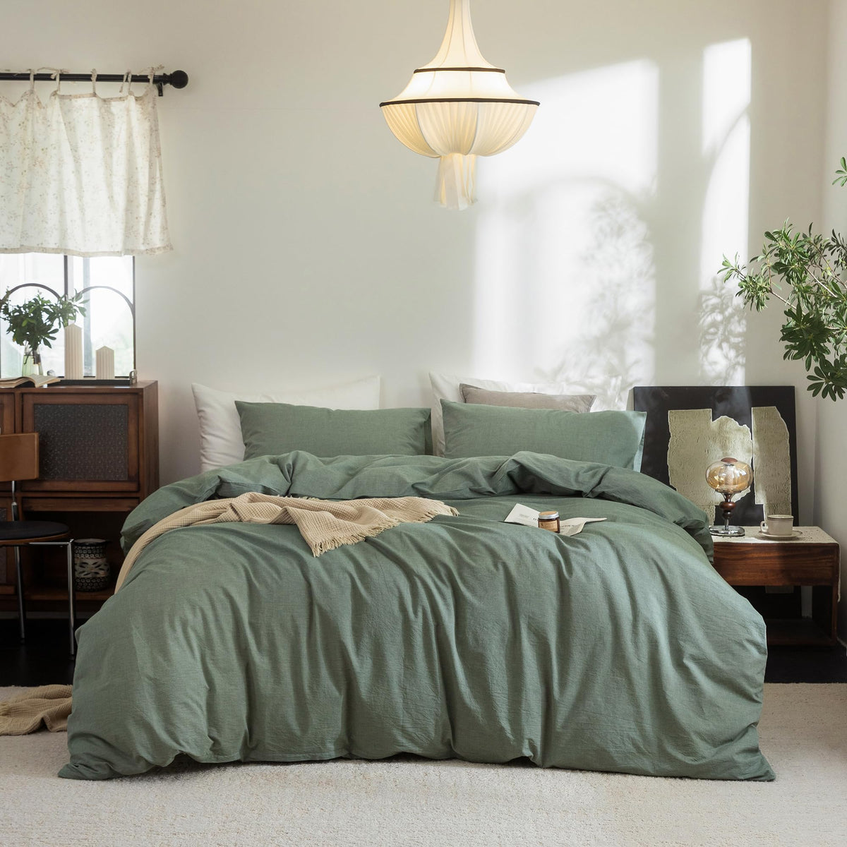 FOSSA Duvet Cover Set 100% Washed Cotton Linen Feel Queen