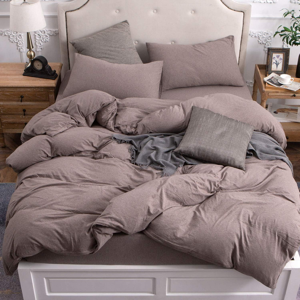 PURE ERA Jersey Knit Duvet Cover Set 100% T-Shirt Cotton Super Soft Comfy 3pc Bedding Set with Zipper Closure (Heather Beige, Queen)