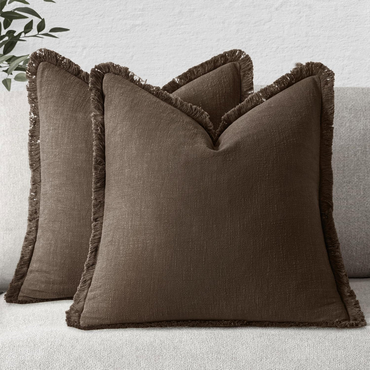 MIULEE Boho Linen Fringe Decorative Throw Pillow Covers Olive Green 20x20