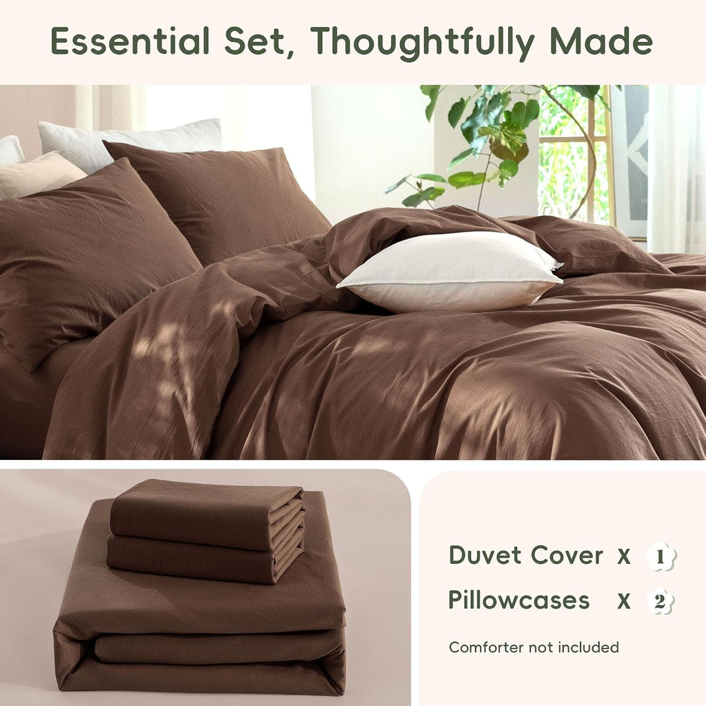 JIYUAN Queen Washed Cotton Duvet Cover Set, 3-Piece, Relaxed Linen Feel