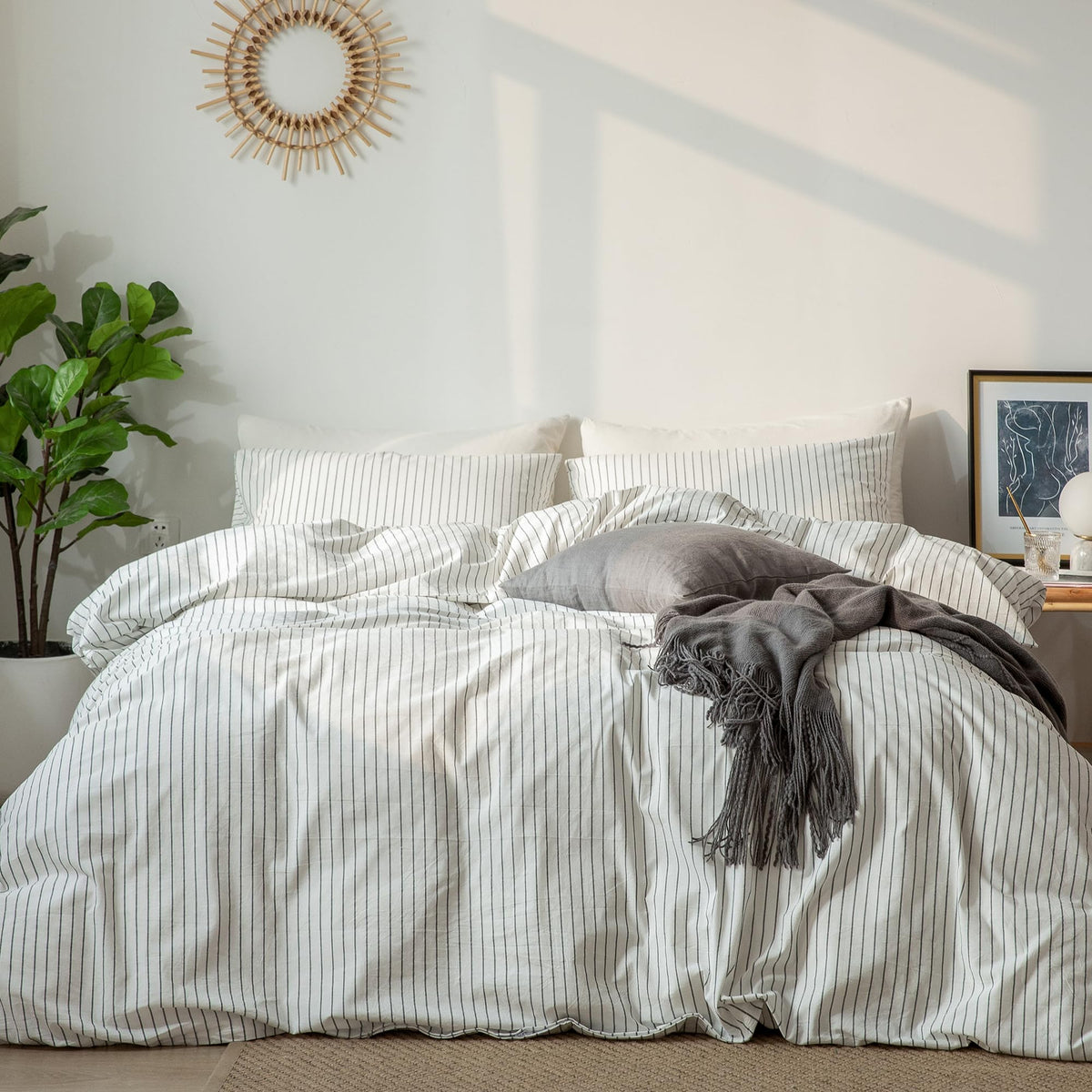 MooMee Striped Duvet Cover Set 100% Washed Cotton Linen Like Queen
