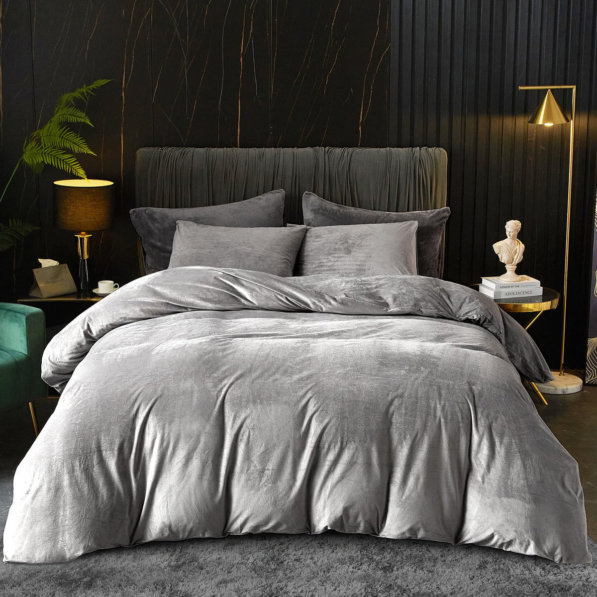 Ivellow Velvet Duvet Cover Queen Set, 3 Pcs Olive Green, Zipper Corner Ties