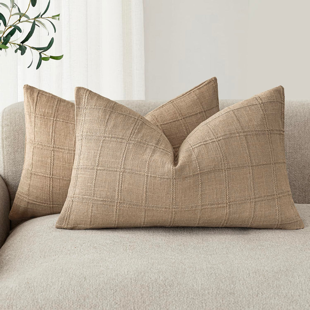 Foindtower Boho Linen Check Decorative Throw Pillow Cover 18×18 Olive Green