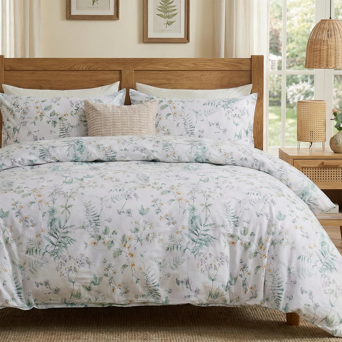Duvet Cover Queen Size - 100% Cotton Reversible Floral Queen Duvet Cover Set with Zipper Closure, 3 Pieces Soft & Breathable Green Bedding Set for All Seasons