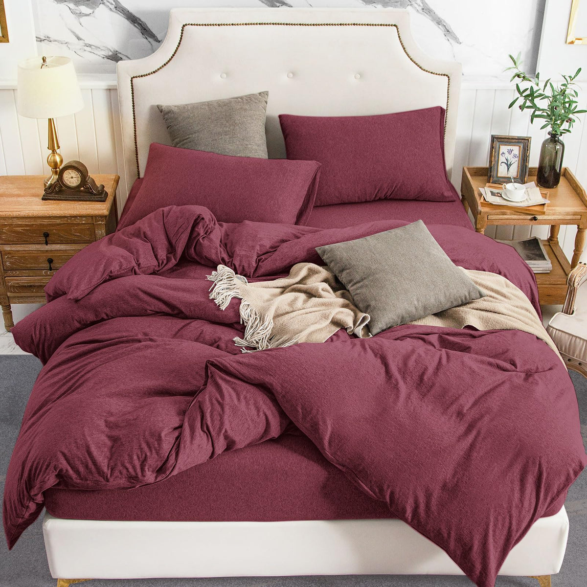 PURE ERA Jersey Knit Duvet Cover Set 100% T-Shirt Cotton Super Soft Comfy 3pc Bedding Set with Zipper Closure (Heather Beige, Queen)