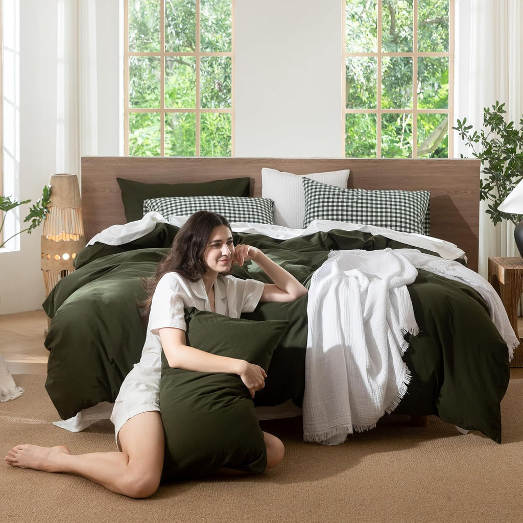 MooMee Duvet Cover Set 100% Washed Cotton Linen Like King