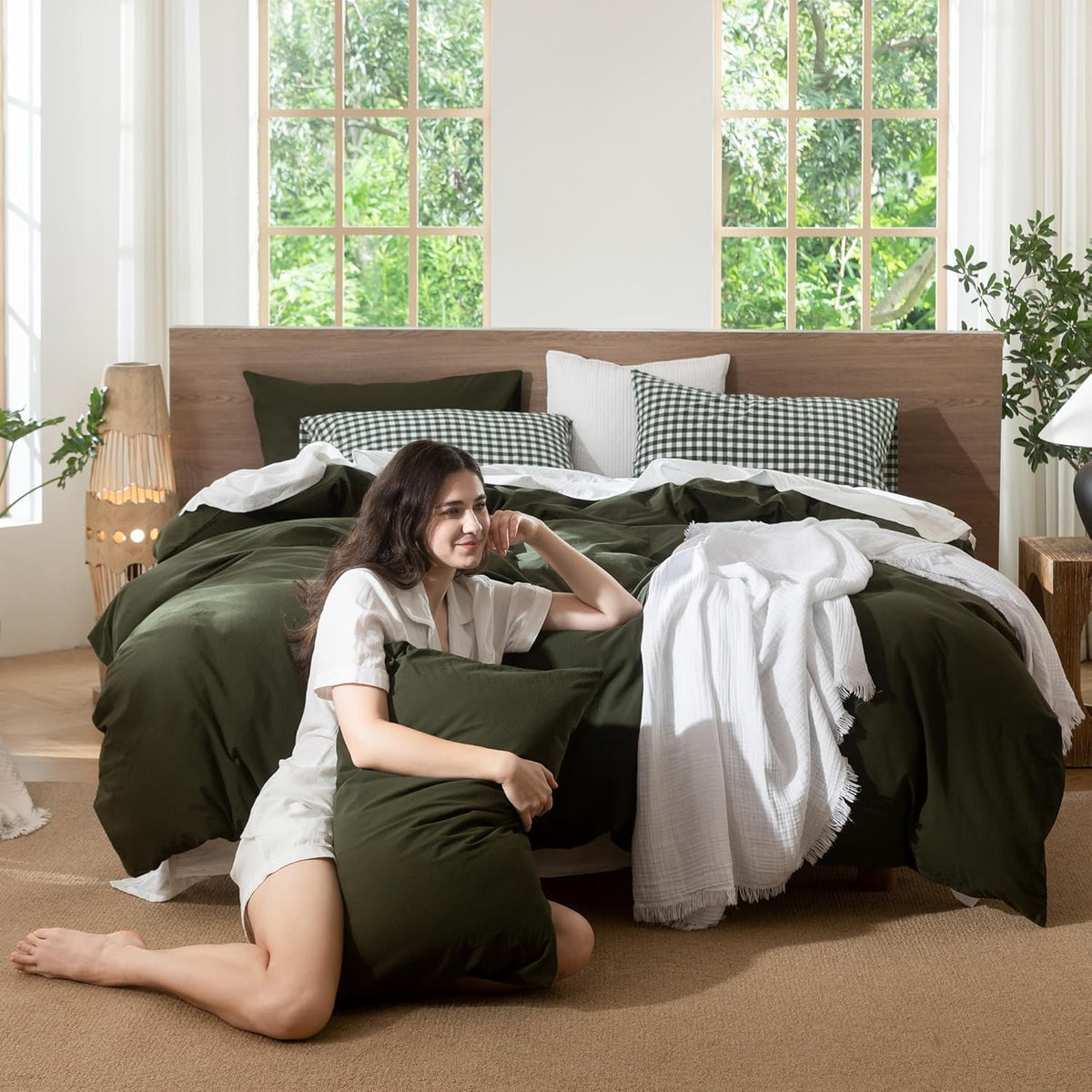 MooMee Duvet Cover Set 100% Washed Cotton Linen Like King