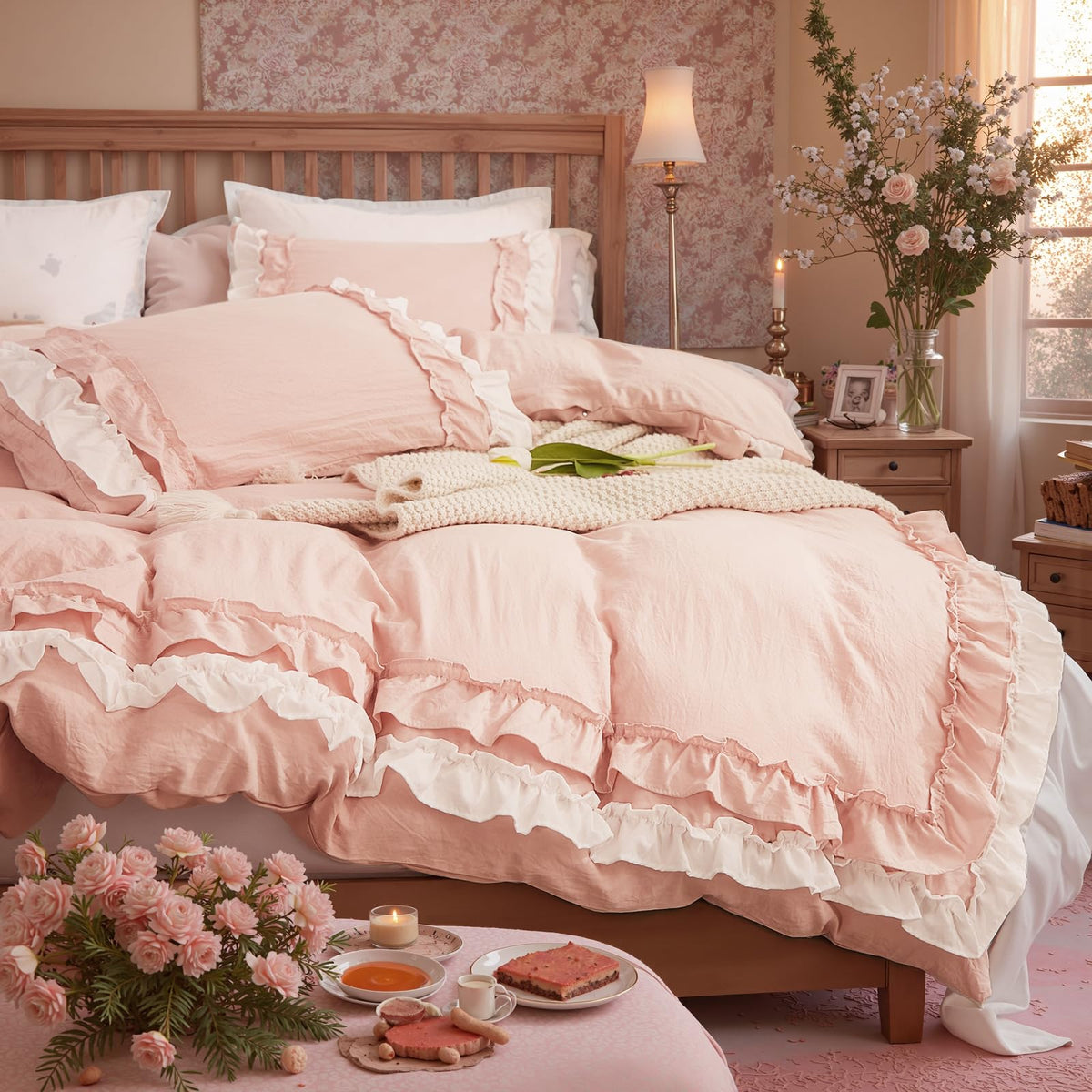 Bedorm Beige Duvet Cover Set Queen Ruffle Bedding Set Pleat Ruffled Shabby Chic Comforter Cover Extra Soft & Easy Care White Boho Duvet Cover with Zipper Closure