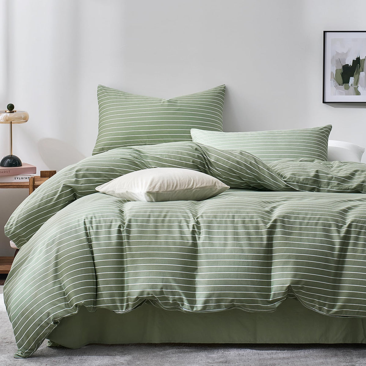 JELLYMONI 100% Cotton Classic Striped Queen Duvet Cover Set, Tan/White