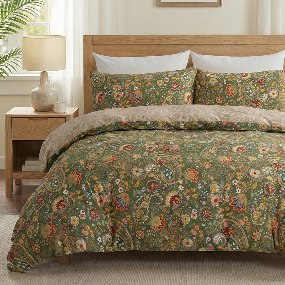 Duvet Cover Queen Size - 100% Cotton Reversible Floral Queen Duvet Cover Set with Zipper Closure, 3 Pieces Soft & Breathable Green Bedding Set for All Seasons