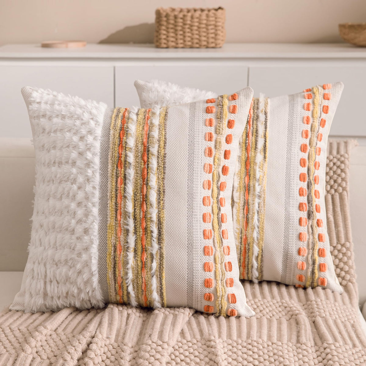 Boho Chenille Tufted Couch Throw Pillow Covers 18x18 Inch Set of 2 Farmhouse Striped Decorative Pillow Covers Accent Neutral Pillowcase Teal Cushion Cover for Living Room Sofa Bed
