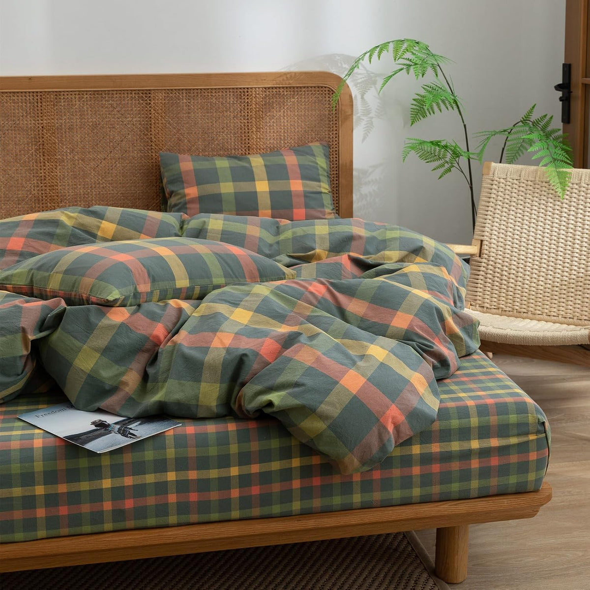 Plaid Duvet Cover Set Washed Cotton,Queen(90"x90"),Multicolor Gingham