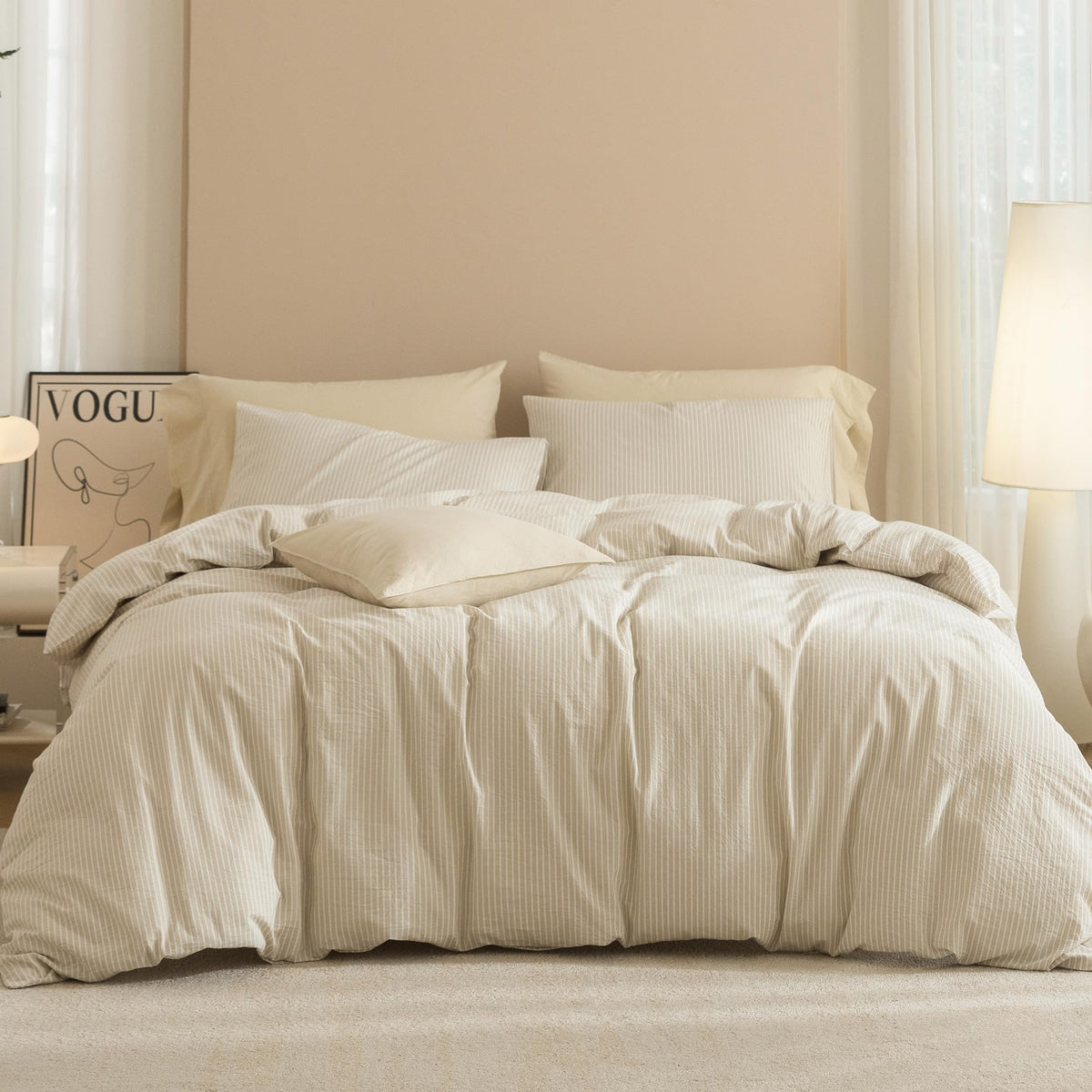 JIYUAN Queen Washed Cotton Duvet Cover Set, 3-Piece, Relaxed Linen Feel