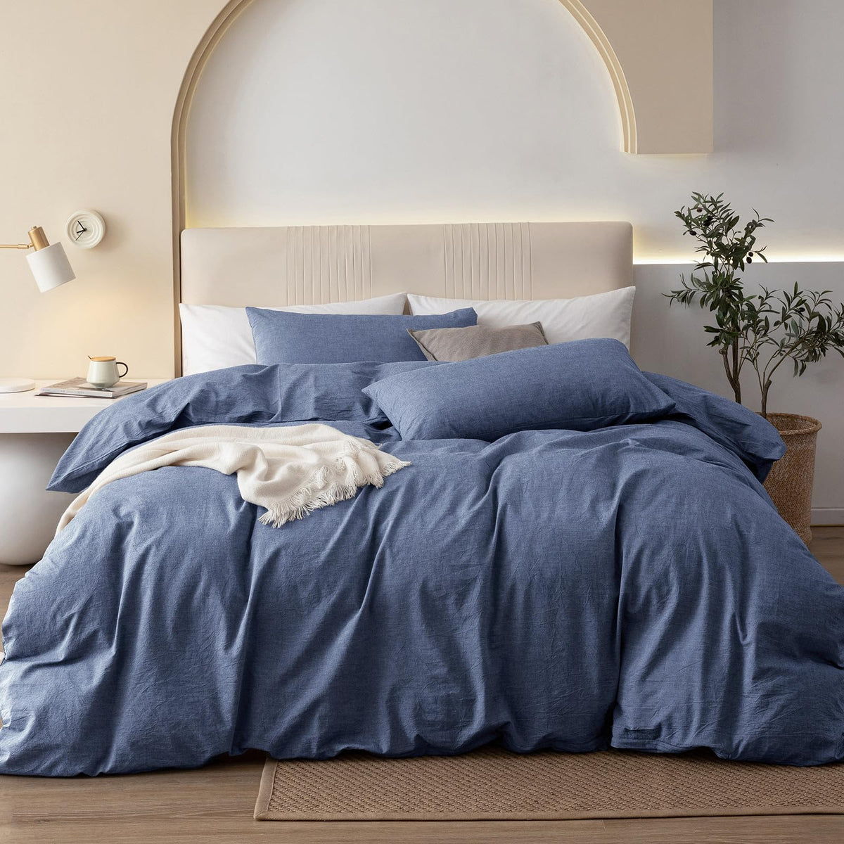 JIYUAN Queen Washed Cotton Duvet Cover Set, 3-Piece, Relaxed Linen Feel