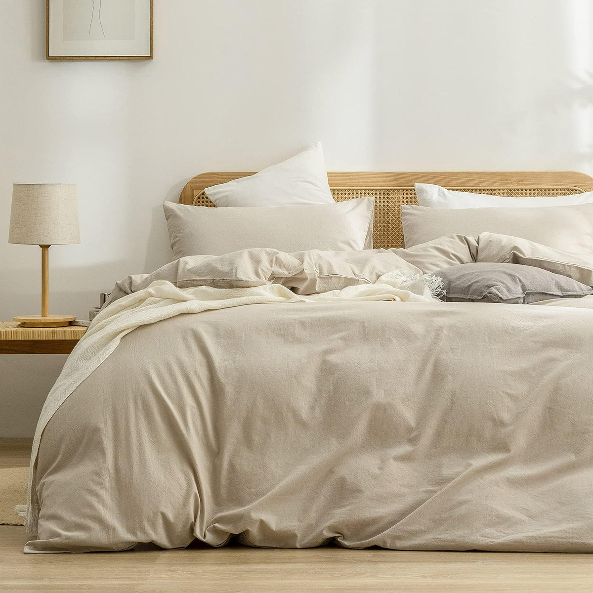 BESTOUCH Cotton Solid Duvet Cover Set Linen Feel Off White Queen