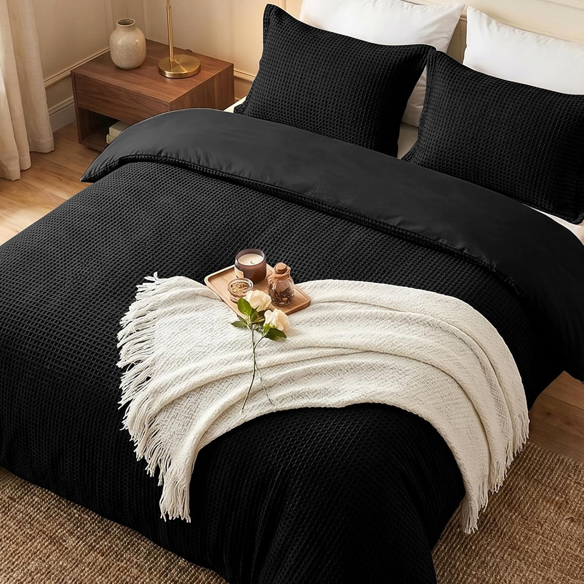 100% Cotton King Size Duvet Cover Set with 2 Pillow Shams, Black