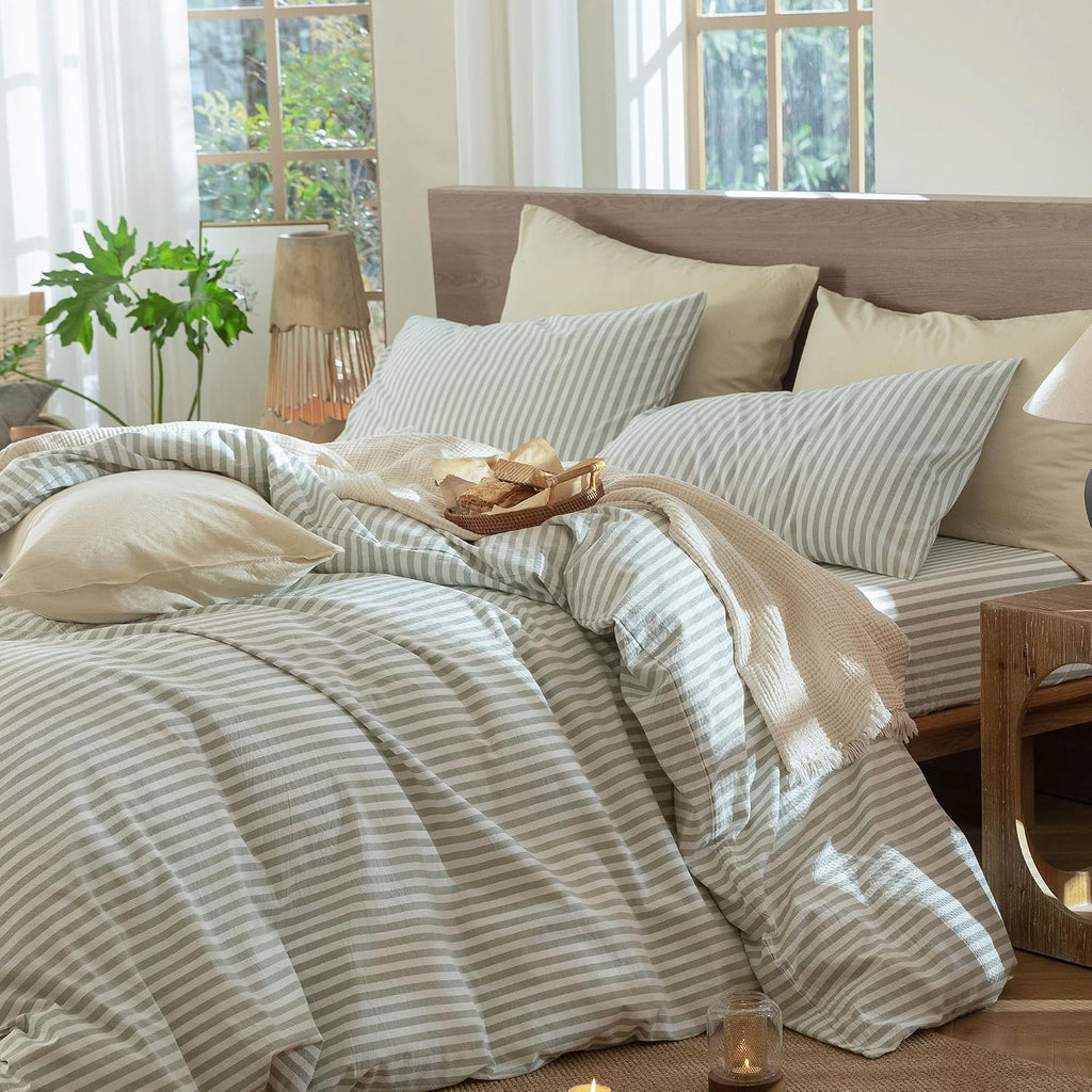 MooMee Striped Duvet Cover Set 100% Washed Cotton Linen Like Queen