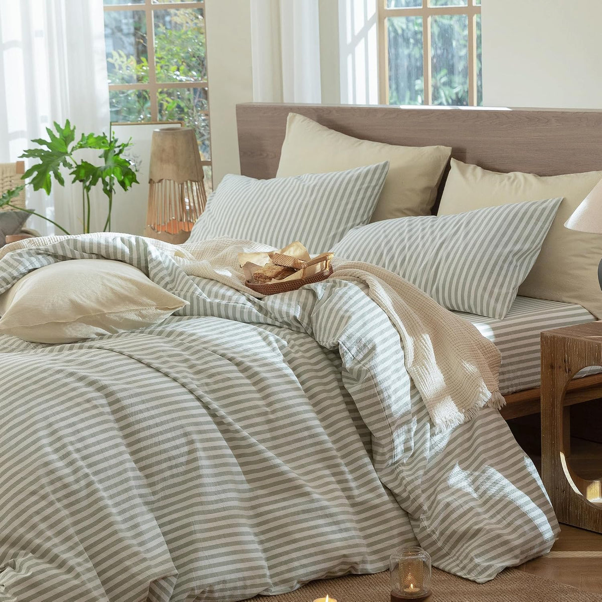 MooMee Striped Duvet Cover Set 100% Washed Cotton Linen Like Queen