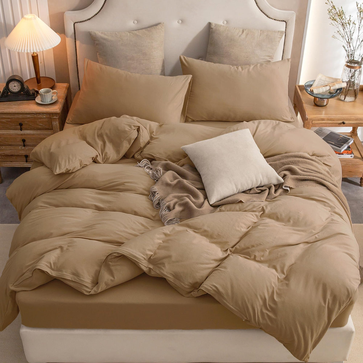 PURE ERA Jersey Knit Duvet Cover Set 100% T-Shirt Cotton Super Soft Comfy 3pc Bedding Set with Zipper Closure (Heather Beige, Queen)