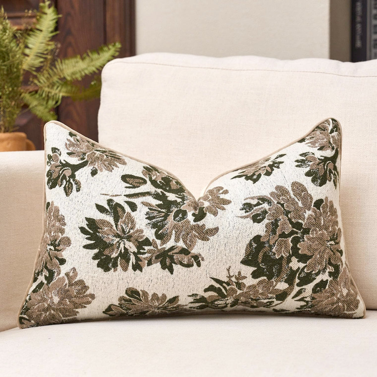 Green Floral Textured Throw Pillow Cover 18x18 Fall Vintage Rust Pillow Cover Farmhouse Summer Leaf Cushion Cover Chenille Neutral Flower Pillowcase Home Decor for Sofa Living Room Bedding